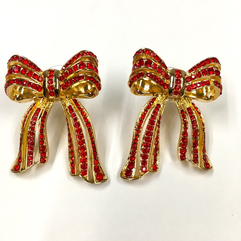 Red Rhinestone Bow Earrings Gold Tone Holiday Christmas Party